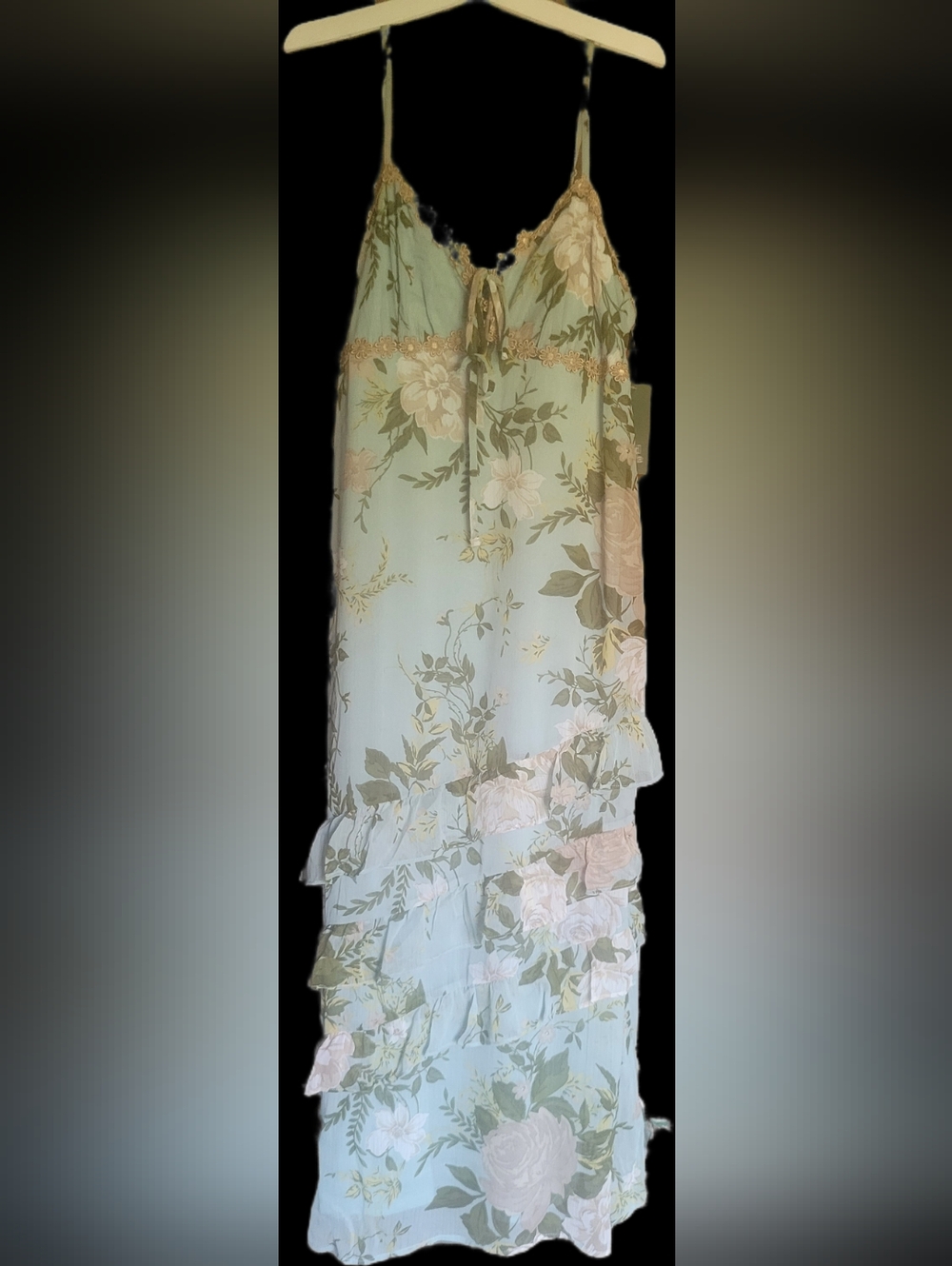 wild fable Floral Ruffle Tiered Maxi Dress - Light Green, Cream, And Tan Size M